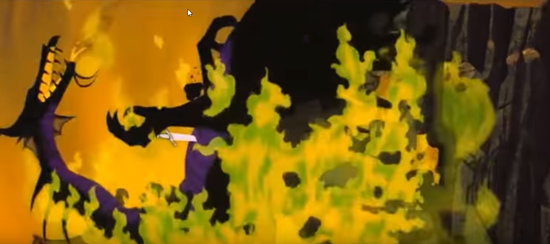 dying maleficent dragon falls into lake of fire in 1959 animated disney movie sleeping beauty